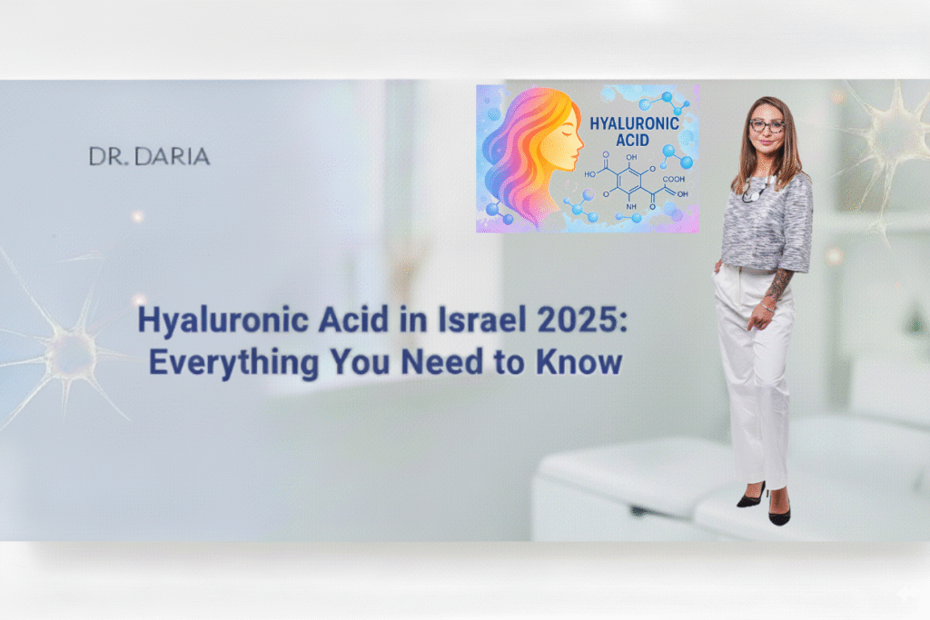 תמונת שער: הכיתוב "Hyaluronic Acid in Israel 2025" על רקע קליניקה, ד״ר דריה מימין ואייקון חומצה היאלורונית.